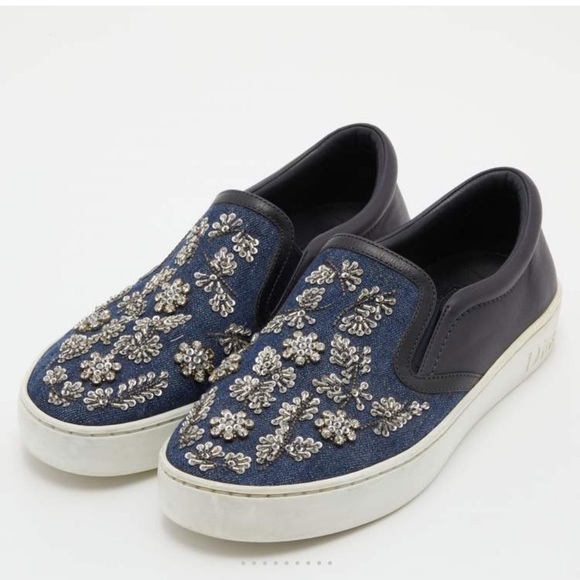 Dior Blue/Black Denim and Leather Happy Crystals Slip On Sneakers 36 1/2 - Picture 3 of 12